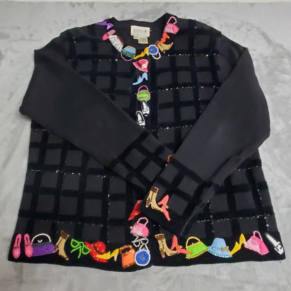 Vintage Just B Fashion Cardigan Sweater L Black Beaded Embellished Novelty - Picture 4 of 16
